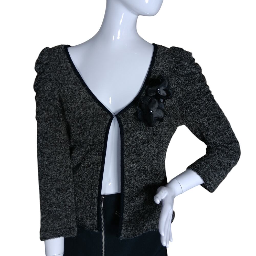 Papaya Knit Cardigan Top Size L Brown Long Puffy Sleeves Satin Floral Aplique